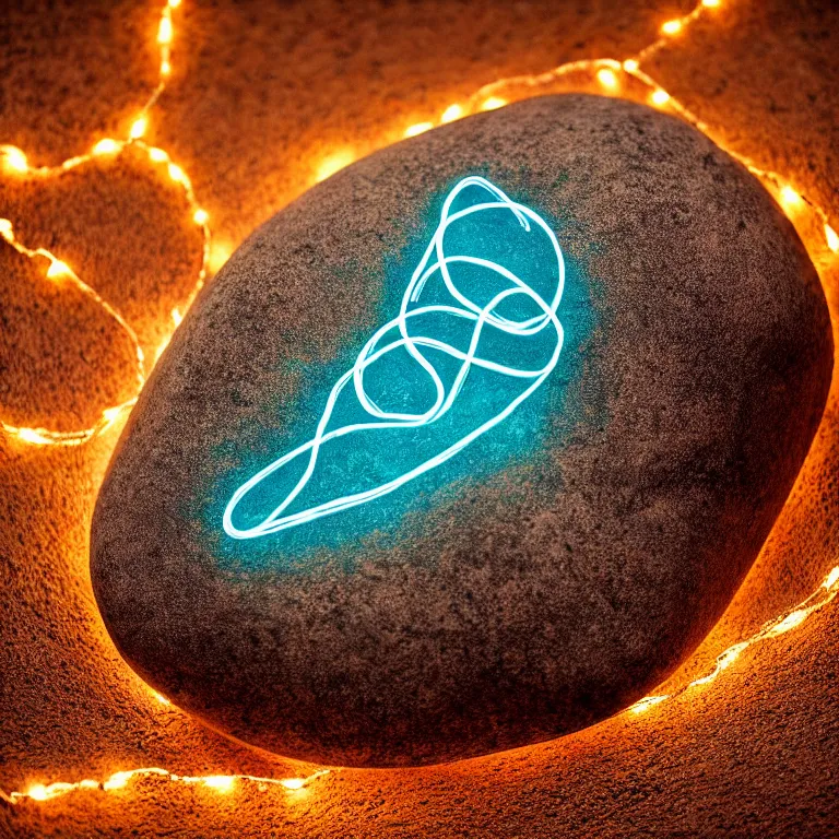 Prompt: photo of a large pebble with a glowing rune drawn on it. pebble is almost completely wrapped with copper wire. extremely high details, masterpiece, cinematic, octane rendering, depth of field, bokeh, cgsociety