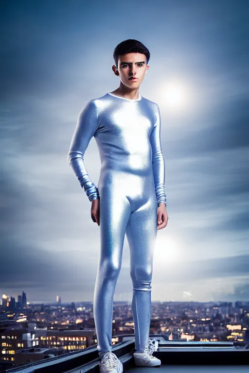 Image similar to un ultra high definition studio quality photographic art portrait of a young man standing on the rooftop of a british apartment building wearing soft baggy padded silver iridescent pearlescent clothing. three point light. extremely detailed. golden ratio, ray tracing, volumetric light, shallow depth of field. set dressed.