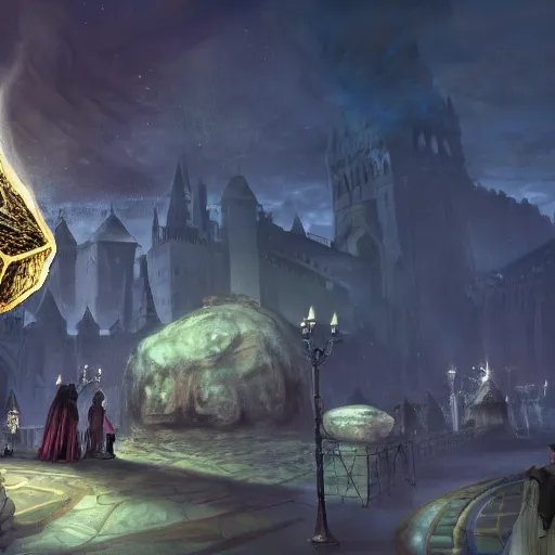 Image similar to A Giant magical gem meteorite in the middle the plaza of a medieval city, beautiful, concept art, sharp focus, highly detailed, intricate, still, photograph, fantasy, medieval, midday, day, sunny, shimmering, realistic, 8k, award winning, trending on artstation, Dungeons and dragons, tabletop, in the style of Wizards of the coast