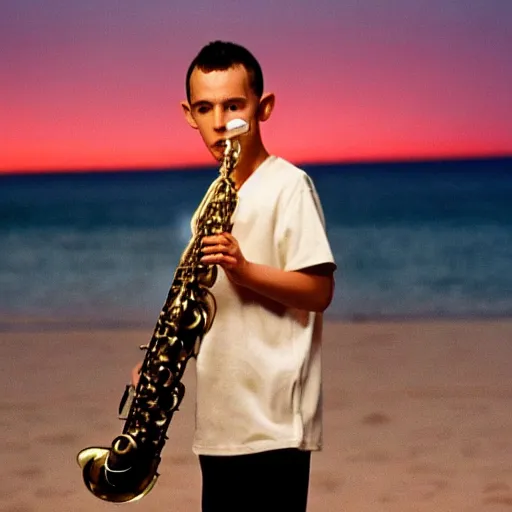 Prompt: Malcolm in the middle plays the saxophone on the beach at sunset