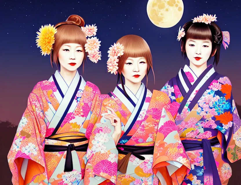 Prompt: two beautiful charming japan girls wear arty kimono in festival | | sunny night, full moon, dreamlike art, realistic shaded, smile, good looking, hyper details, 4 k realistic, cryengine, realistic shaded lighting poster by ilya kuvshinov, fuji choko, ross tran, 8 k resolution, trending on artstation, luxury