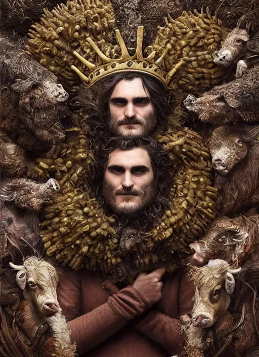 Image similar to a hyper detailed portrait of joaquin phoenix with a crown made of animals, cow horns, pig nose, sheep wool, chicken feather armor, horror, by anna podedworna, by miklos ligeti, by diego maricato, by taran fiddler, by antonino truisi, by chris reddie, by jinsung lim, trending on artstation