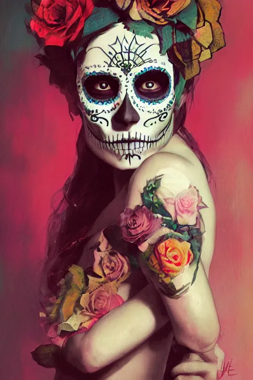 Image similar to Illustration of a sugar skull day of the dead girl, art by ruan jia