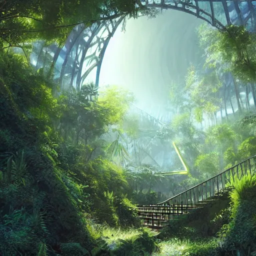 Image similar to stairs leading to a derelict portal in a middle of a lush futuristic forest, alien world seen through a portal, daylight, cinematic lighting, blue sky, syd mead, john harris