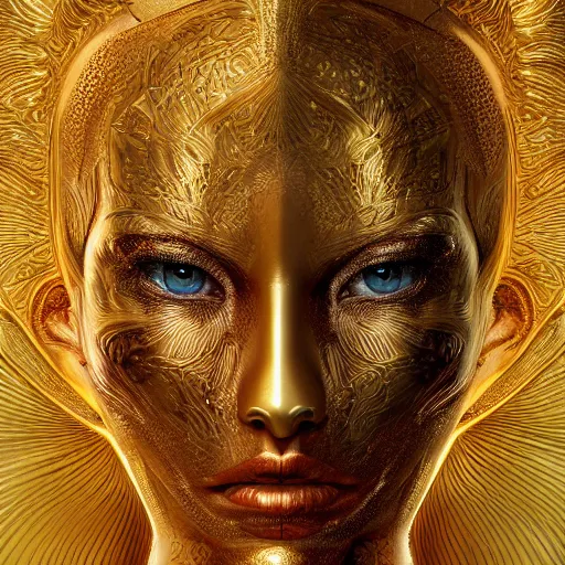 Prompt: a beautiful symmetrical face made of golden ornaments by alex gray and android jones , Karol Bak, Ayami Kojima, Amano , 3D, 8k resolution