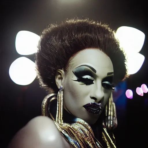 Prompt: realistic photoshoot of a nightlife personality in a club color film photography, portrait of a beautiful drag queen, photo in style of tyler mitchell 3 5 mm zeiss lens sharp