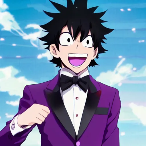 Image similar to a guy with black hair, wears a comedian purple suit and a red bowtie, anime character design key visual, Official media from My Hero Academia, sharp, 4k HD