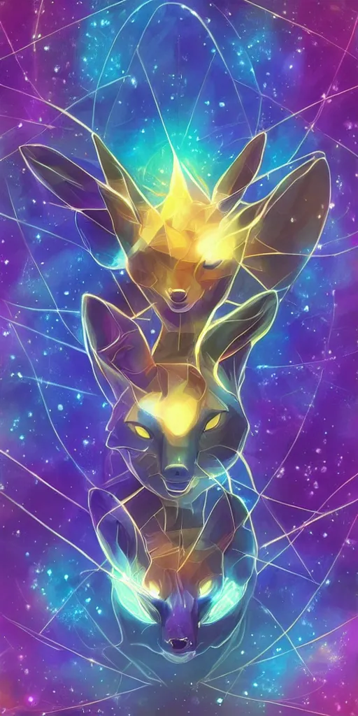 Image similar to geometric symmetrical jolteon with galaxy eyes in space, nebula in the background, intricate, elegant, highly detailed, digital painting, artstation, concept art, smooth, sharp focus, illustration, art by artgerm