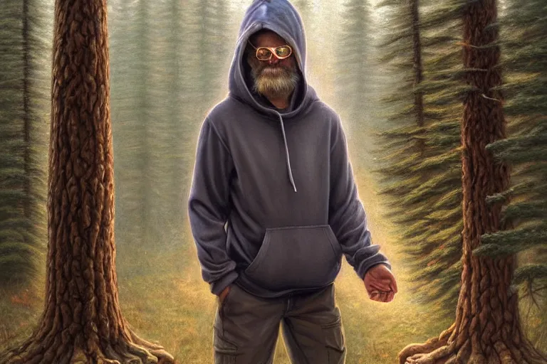 Image similar to ted kaczynski in a hoodie. log cabin background. oil painting elegant, highly detailed, centered, digital painting, artstation, concept art, smooth, sharp focus, illustration, artgerm, tomasz alen kopera, peter mohrbacher, donato giancola, joseph christian leyendecker drew struzan