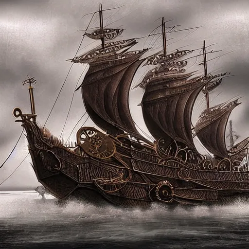 Prompt: A steampunk ship that looks like an octopus, digital art, hyperrealistic, epic, dramatic lighting