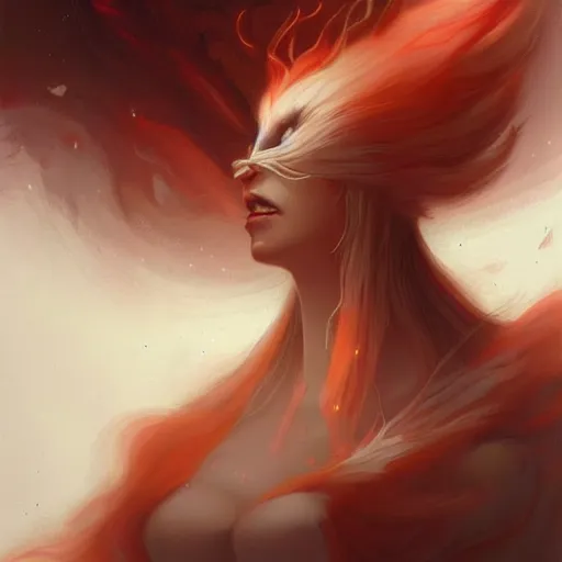 Image similar to prompt A beautiful portrait of a white red orange kumiho, backlit, concept art, matte painting, by Peter Mohrbacher