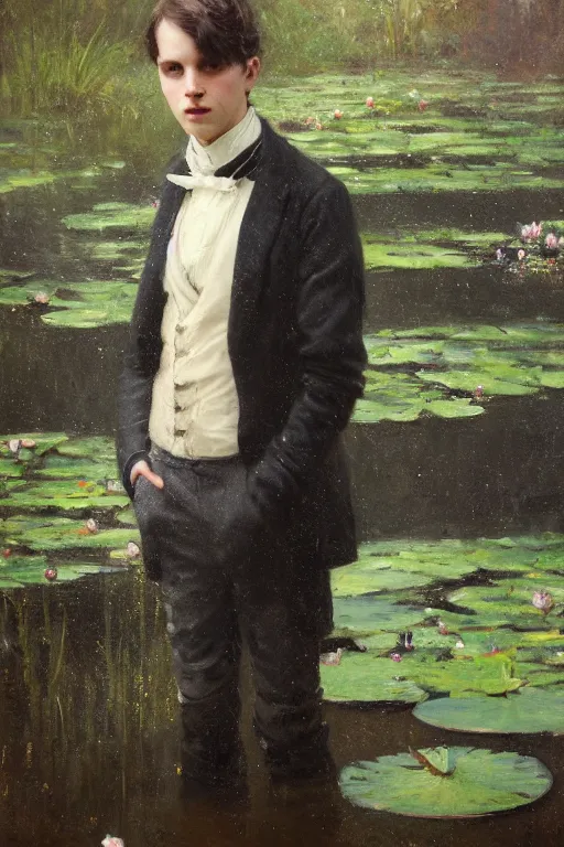 Prompt: detailed cinematic moody colors studio portrait of a young victorian gentleman in a beautiful victorian water pond, water lilies, high quality by jeremy mann, only one head single portrait