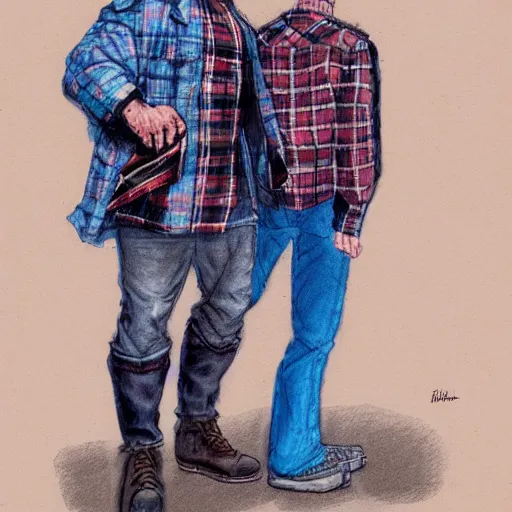 Image similar to character concept art HD render of a modern human, with a strongman's build, wearing a flannel jacket and blue jeans. by Michael William Kaluta.