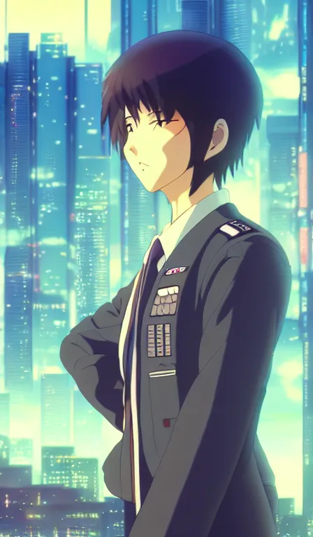 Image similar to anime fine details portrait of Pilot in front of cyberpunk moder city landscape on the background deep bokeh, close-up view, anime masterpiece by Studio Ghibli. 8k, sharp high quality anime, artstation