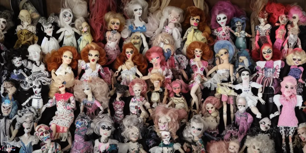 Prompt: drag queen ceramic doll collection in creepy attic