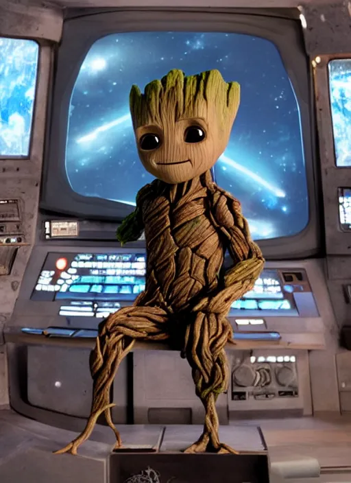 Image similar to baby groot sitting in the captains chair of the uss enterprise, photo realistic, centered in frame