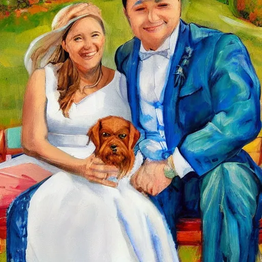 Image similar to a painting of a couple that has just been married, with their little dog beside them on a beautiful sunny day