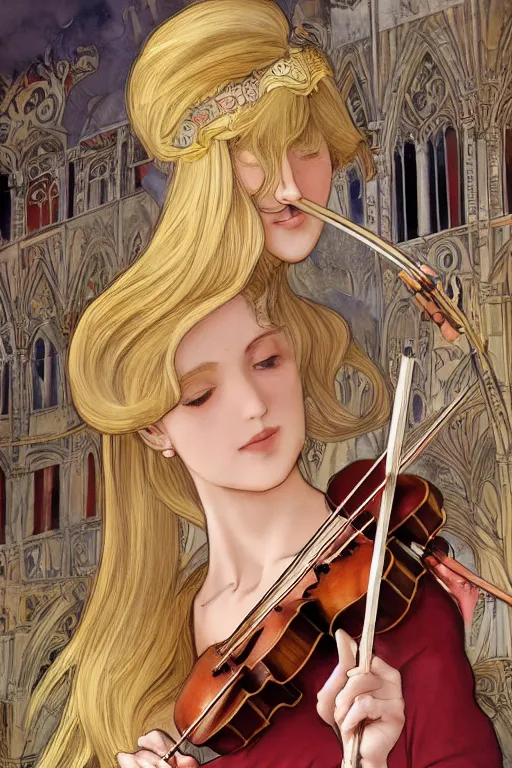 Image similar to beautiful blonde girl, expressively playing the violin, in a venetian outfit, illustration, manga, on the roof of a burning building, highly detailed, artstation, illustration, jurgens, alfonse mucha, vatican style, canon eos r 3