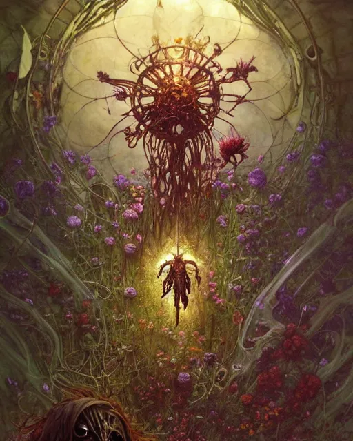 Image similar to the platonic ideal of flowers, rotting, insects and praying of cletus kasady carnage davinci dementor wild hunt chtulu mandelbulb mandala ponyo bioshock the witcher, d & d, fantasy, ego death, decay, dmt, psilocybin, concept art by randy vargas and greg rutkowski and ruan jia and alphonse mucha