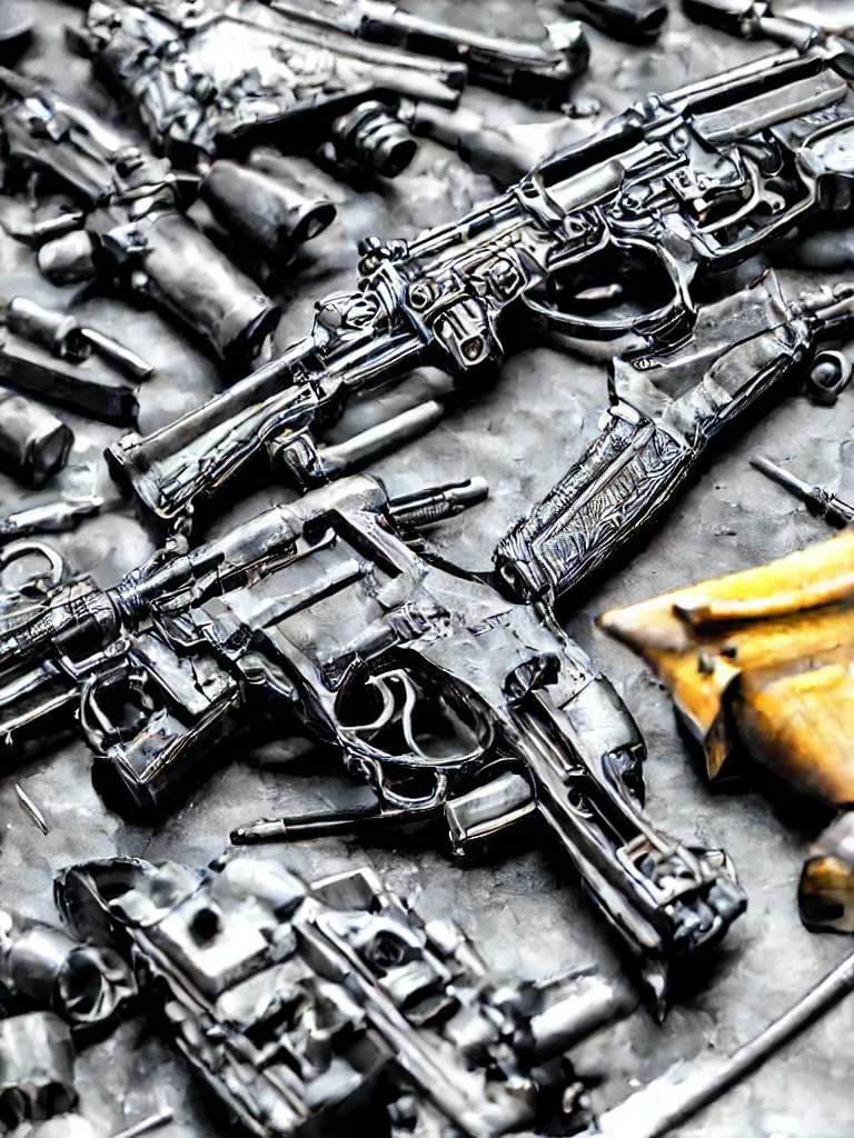 Image similar to kaleidoscope of machine guns, shotguns, rifles, revolvers, bullets, ultra-realistic, intricate details photograph,