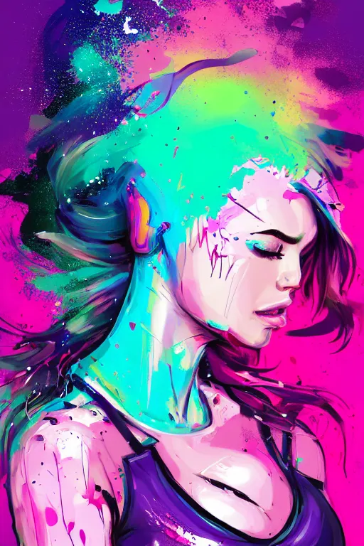 Image similar to a award winning half body portrait of a beautiful woman in a croptop and cargo pants with ombre purple pink teal hairstyle with head in motion and hair flying by artgerm, paint splashes, splatter, outrun, vaporware, shaded flat illustration, digital art, trending on artstation, highly detailed, fine detail, intricate