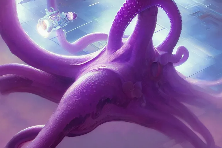 Prompt: Giant purple octopus attack in a space station, elegant, intricate, retrofuturistic digital painting, artstation, concept art, smooth, sharp focus, illustration, art by artgerm and greg rutkowski and alphonse mucha