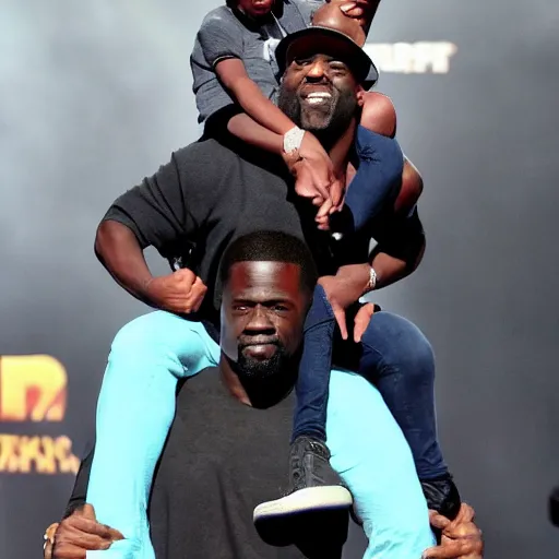 Prompt: dwayne johson carrying kevin hart on his shoulders like a father carries his son, kevin is wearing a hat with a propeller