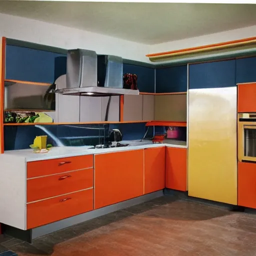 Image similar to a smart home kitchen in 1 9 7 4 color