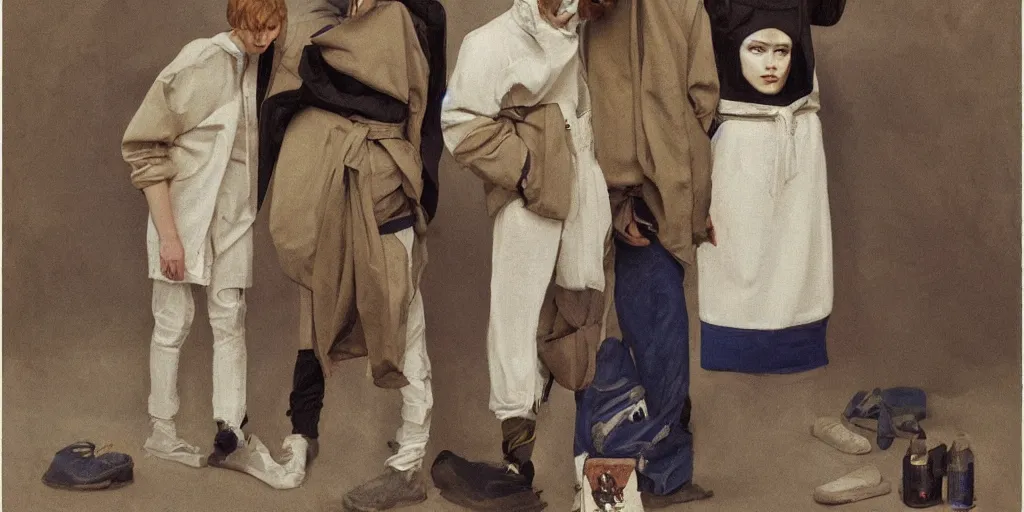 Prompt: A fashion shoot for streetwear by Margiela, painted in the style of Jules Bastien-Lepage