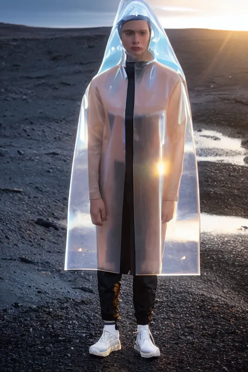 Image similar to an ultra high definition professional high fashion portrait studio full length photograph of a model wearing a transparent pearlescent raincoat and neon visor in an icelandic black rock environment at dawn. no artefacts. extremely detailed. stark. refraction. shallow depth of field. volumetric light and shadow. ray tracing. light rays.