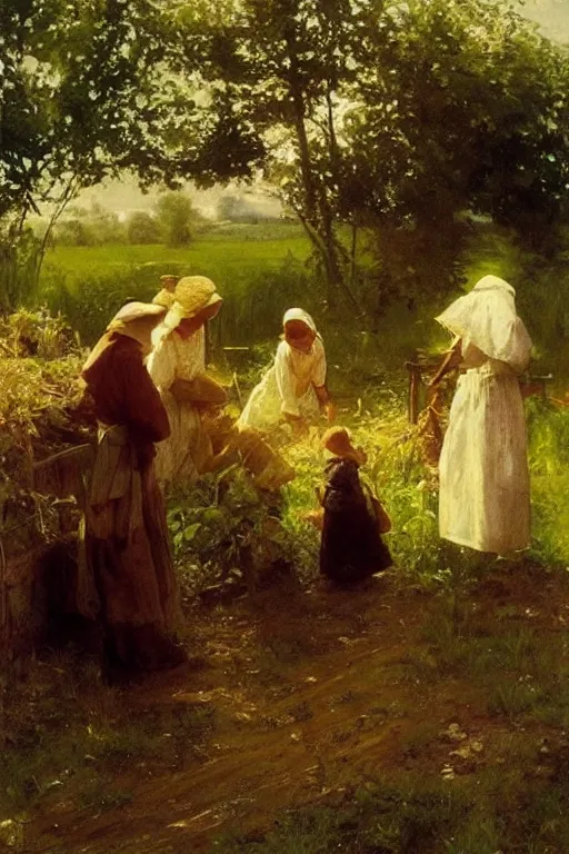 Image similar to simple amish farmers tending to their cottage vegetable gardens, art by anders zorn, wonderful masterpiece by greg rutkowski, beautiful cinematic light, american romanticism thomas lawrence, greg rutkowski