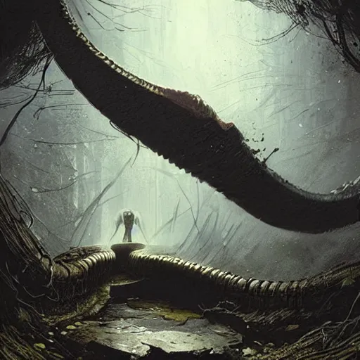 Image similar to a huge anaconda in a dark grave, horror ,digital art,realistic,detailed,art by greg rutkowski