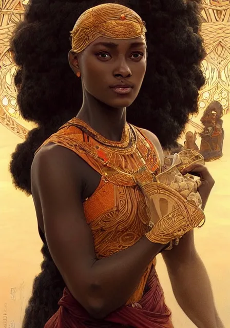 Image similar to african sansa, intricate, elegant, highly detailed, digital painting, artstation, concept art, smooth, sharp focus, illustration, art by artgerm and greg rutkowski and alphonse mucha and william - adolphe bouguereau