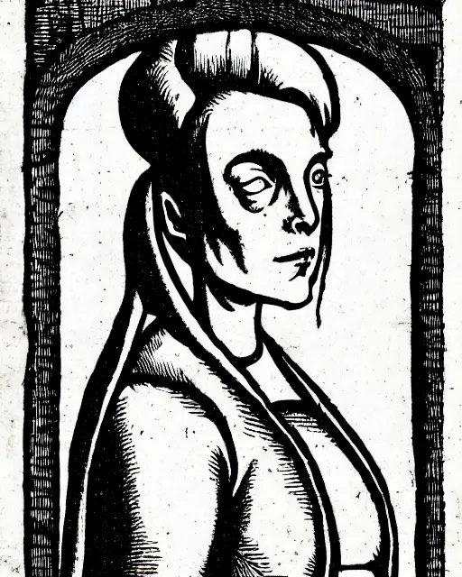 Prompt: b & w woodcut illustration of dana scully from the nuremberg chronicle, 1 4 9 3, restored, hq scan, london museum archives