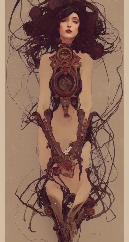 Image similar to beauty art nouveau woman, rusty robotic, trending on artstation, by WLOP,Artgerm,Greg Rutkowski,Alphonse Mucha
