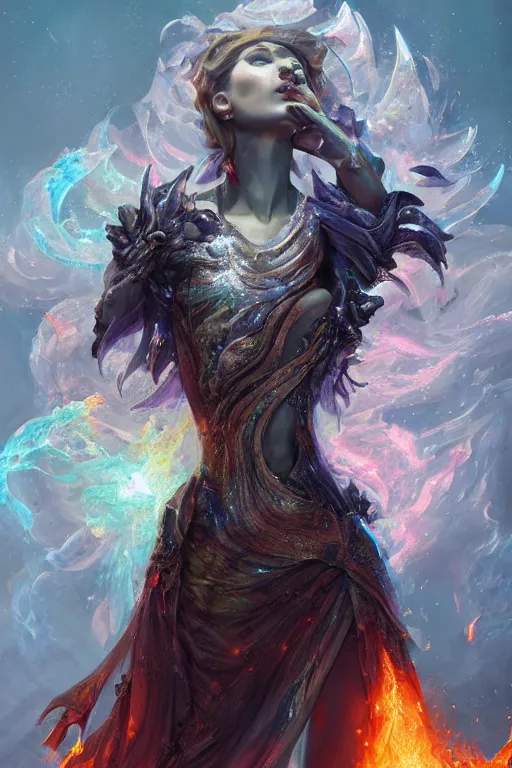 Image similar to torso closeup model wearing exploding ice & fire lava crystal dress, sorcerer, diamonds, angel, fantasy, dramatic lighting, highly detailed, digital painting, holding electricity, magic the gathering, hyper detailed, 3 d render, hyper realistic detailed portrait, peter mohrbacher, wlop, ruan jia