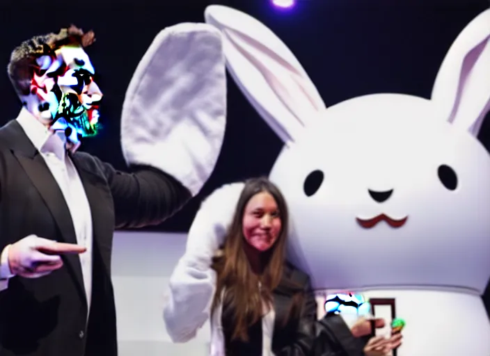 Prompt: elon musk presenting the new tesla wearing a bunny costume, award winning photo