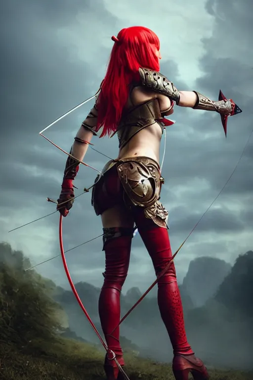Prompt: Female archer, dnd, d&d, leggins, red skintight leather armor, red hair, looking from behind, visible face!, beautiful face, toned derriere, high fantasy, realistic, matte painting, by wlop
