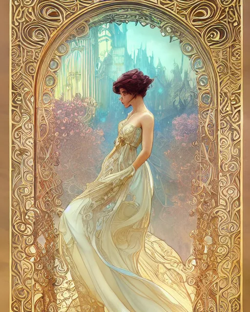 Image similar to secret romance, highly detailed, very intricate, art nouveau, gold filigree, romantic storybook fantasy, soft cinematic lighting, award - winning, disney concept art watercolor illustration by mandy jurgens and alphonse mucha and alena aenami, pastel color palette, featured on artstation