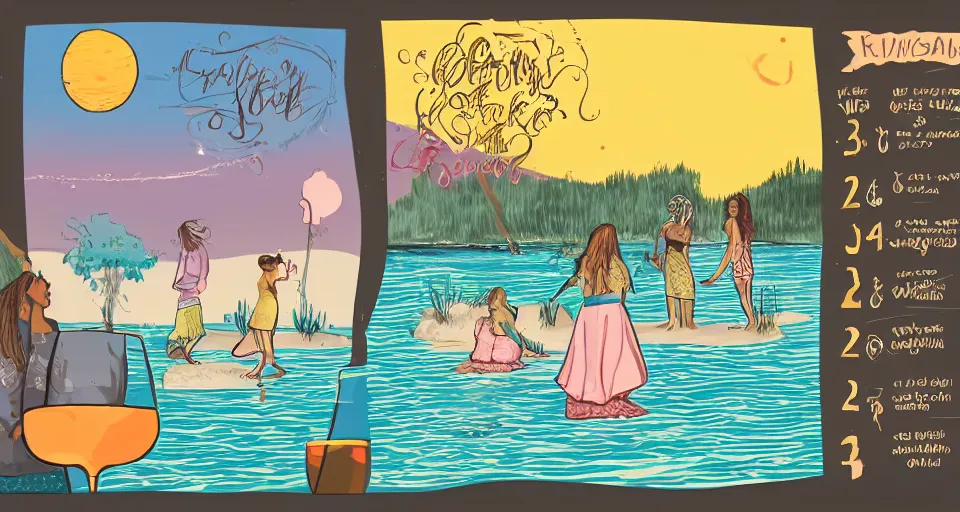 Prompt: simple illustration storyboard of girls weekend on a lake, mimosas