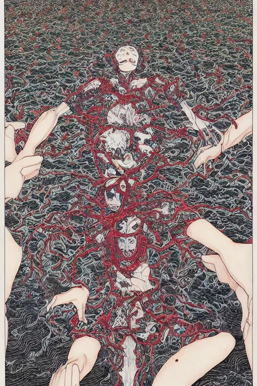 Image similar to body breaking apart, life like conjuring psychedelic illustration by shintaro kago, ultra realistic, highly detailed, hypermaximalist, symmetrical, rich deep colors. art by takato yamamoto. masterpiece