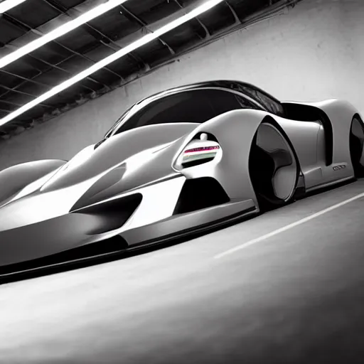 Image similar to a vision gran turismo style concept porsche :: studio lighting, inside a warehouse