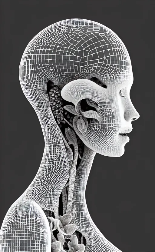 Image similar to a black and white 3D render of a beautiful profile face portrait of a female vegetal-dragon-cyborg, 150 mm, orchids, fine lace, Mandelbrot fractal, anatomical, flesh, facial muscles, wires, microchip, veins, arteries, full frame, microscopic, elegant, highly detailed, flesh ornate, elegant, high fashion, rim light, octane render in the style of H.R. Giger and Man Ray