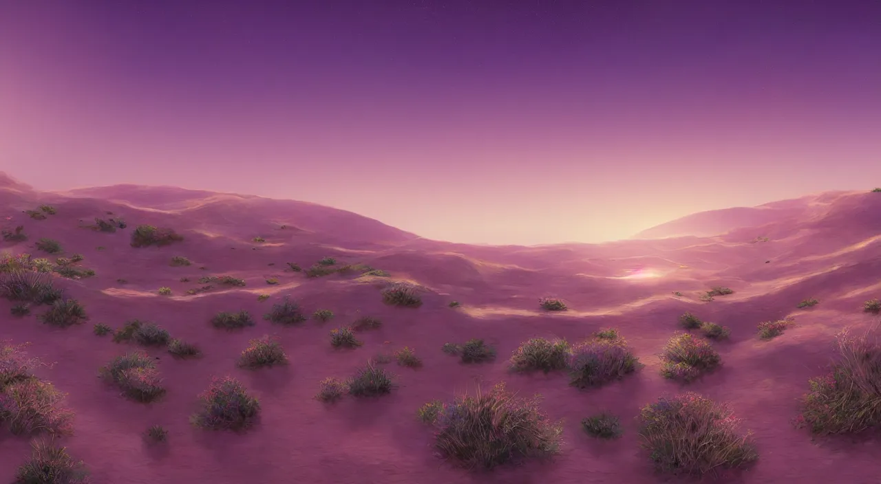 Prompt: Rendering of a scene with purple desert dunes，by Makoto Shinkai and thomas kinkade, fantasy matte painting, trending on cgsociety and unreal engine，light effect，highly detailed，super wide angle，