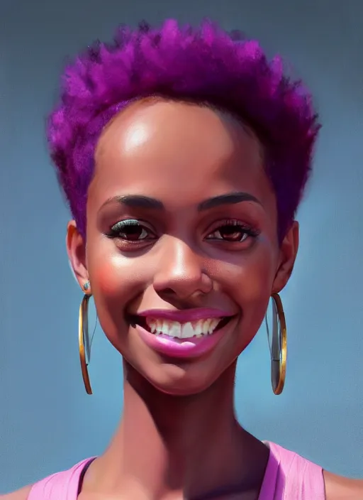 Image similar to portrait of vanessa morgan, black teenage girl, pink curly pixie cut hair, purple cap, hoop earrings, subtle confident smile, intricate, elegant, glowing lights, highly detailed, digital painting, artstation, concept art, sharp focus, illustration, art by wlop, mars ravelo and greg rutkowski