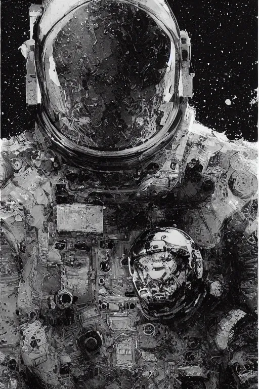 Image similar to portrait of astronaut from the void, pen and ink, intricate line drawings, by craig mullins, ruan jia, kentaro miura, greg rutkowski