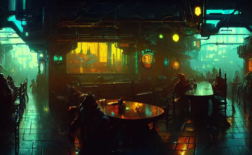 Image similar to a cyberpunk tavern with rainy and moody cinematic lighting by darek zabrocki and greg ruthkowski, alphonse mucha, simon stalenhag and cinematic and blue cold atmospheric, concept art, artstation, trending on artstation