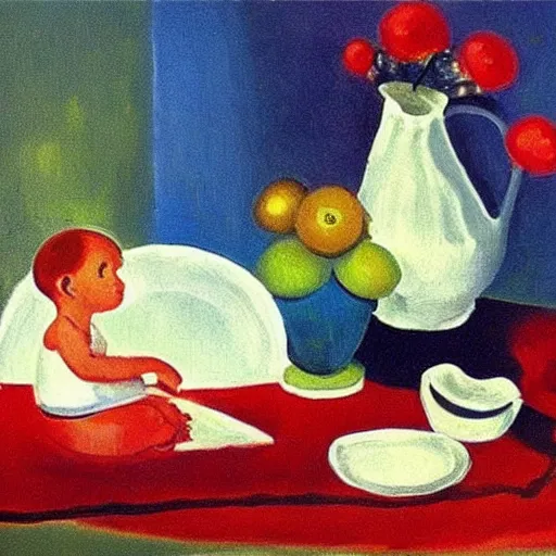 Image similar to A beautiful painting harmony of colors, simple but powerful composition. A scene of peaceful domesticity, with a mother and child in the center, surrounded by a few simple objects. Colors are muted and calming, serenity and calm. deep red, charming, YouTube by Yves Klein vfx, control the soul