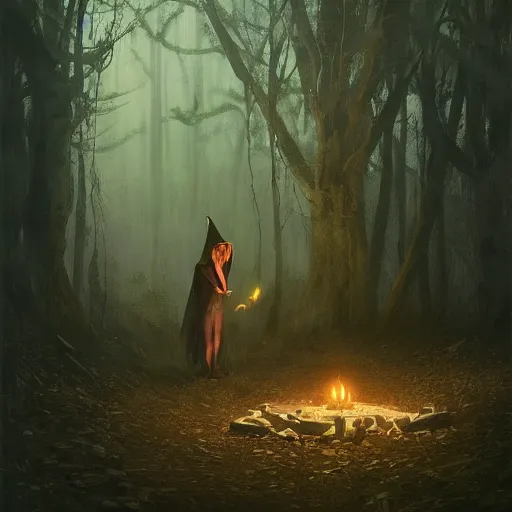 Prompt: witch performing a ritual in a dark forest painted by Greg Rutkowski