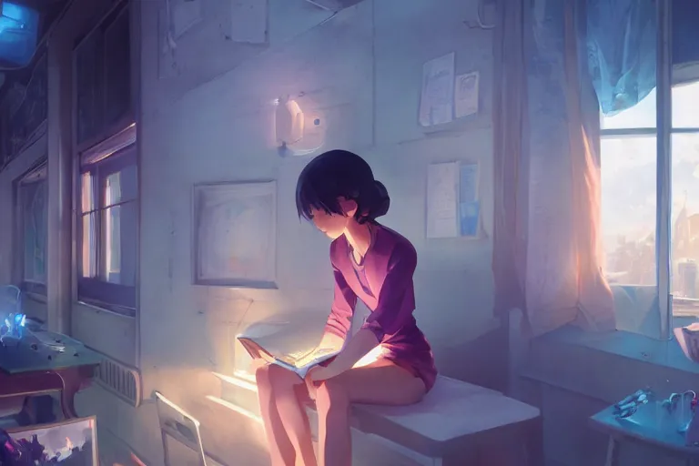 Image similar to girl helping a robot learn to read, scenic full shot, ambient lighting, detailed face, by makoto shinkai, stanley artgerm lau, wlop, rossdraws